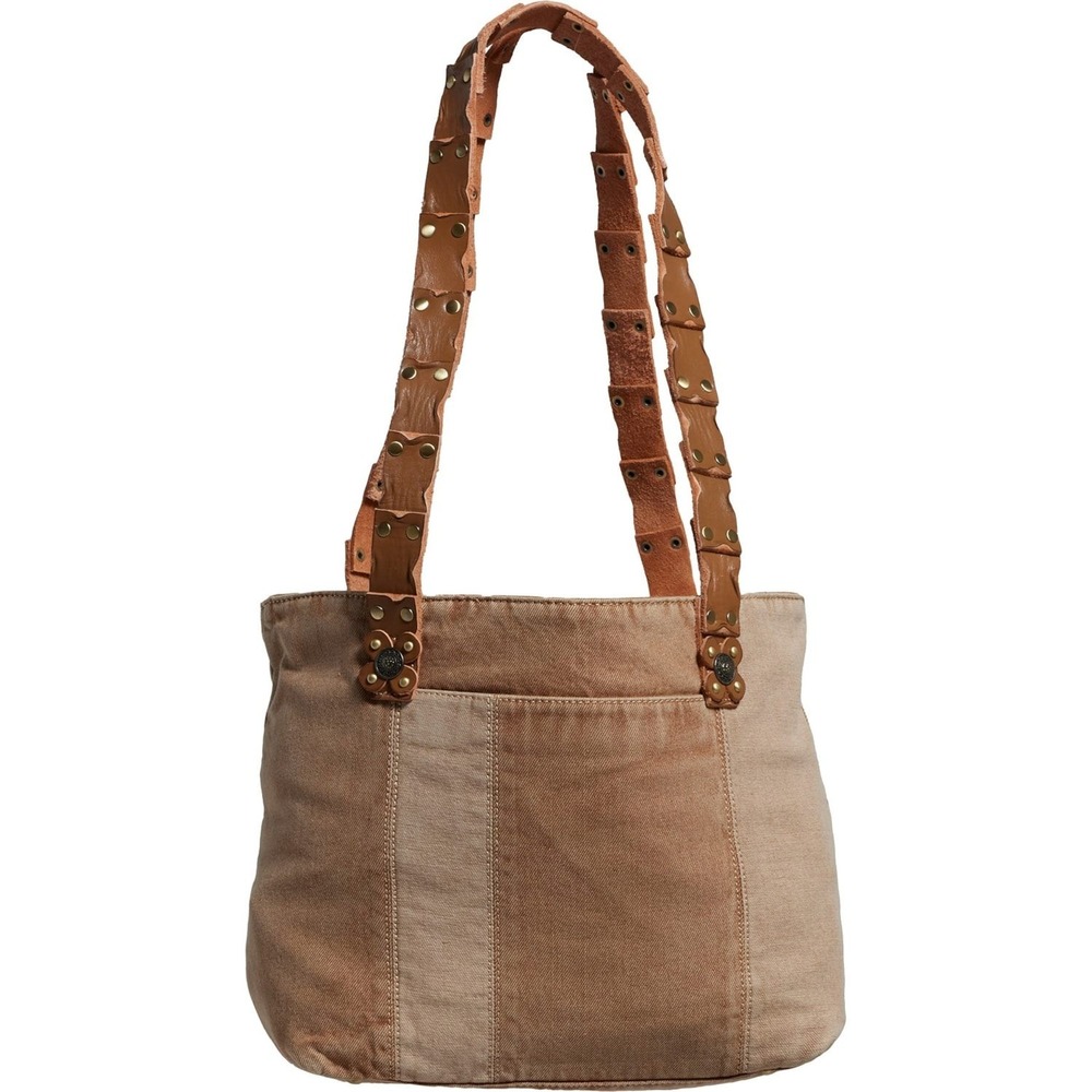 NWT Patricia Nash Maggiore Brown Denim Patchwork Tote Bag Genuine Leather Strap